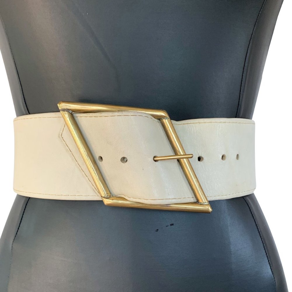 Off white leather handmade wide belt.